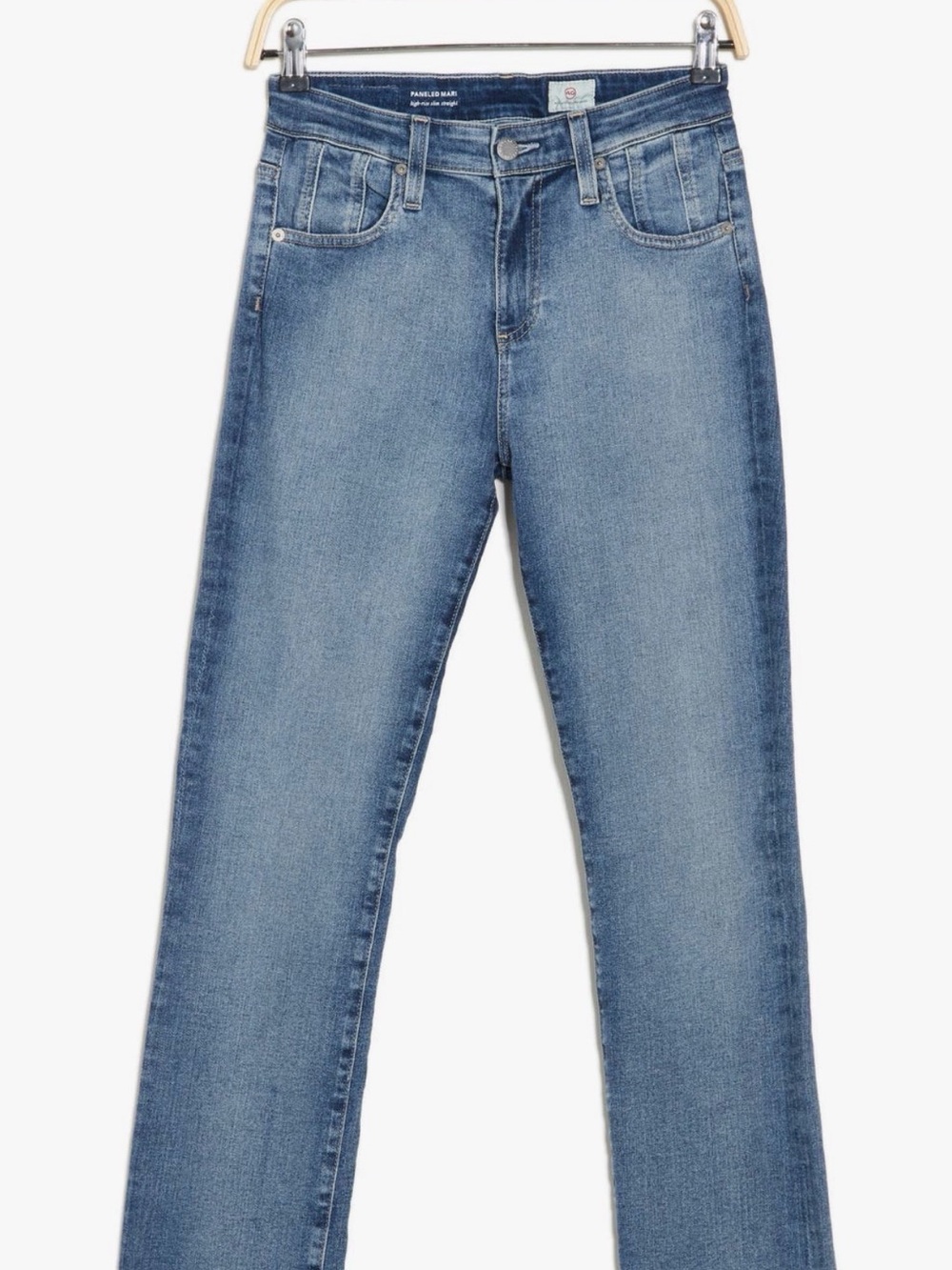 AG Jeans Paneled Mari Slim Straight Leg Jeans in Light Blue Wash